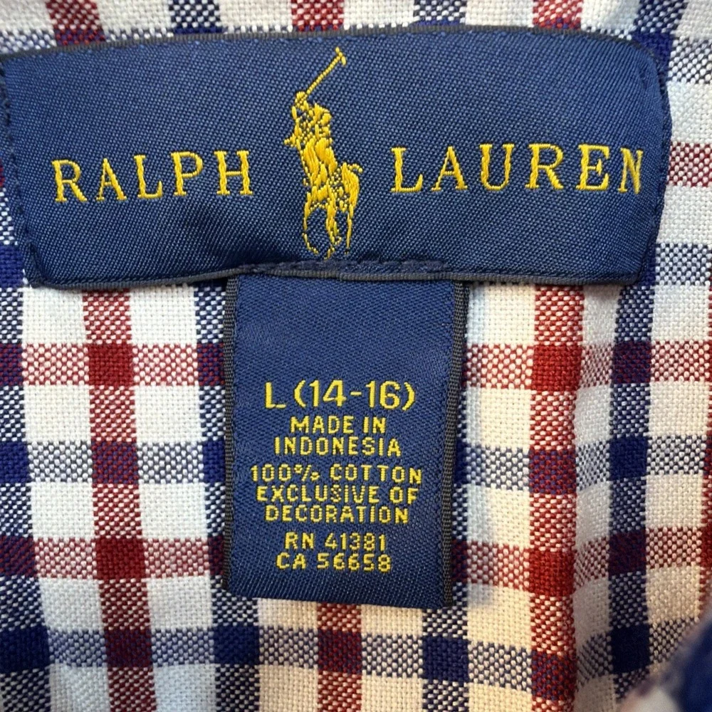 Ralph Lauren Boys Large 14-16 Gingham Button Down Shirt Red Navy‎ Blue Check
